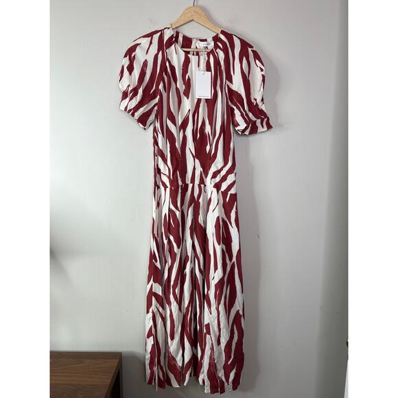 NWT Anine Bing Dahlia Zebra Drop Waist Pleated Skirt Red and Cream Midi Dress - Picture 2 of 9